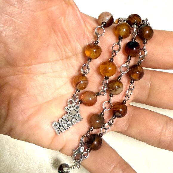 Genuine Earthy Carnelian Agate Short Necklace, Gemstone & Cat Person Paw Print - Picture 15 of 15
